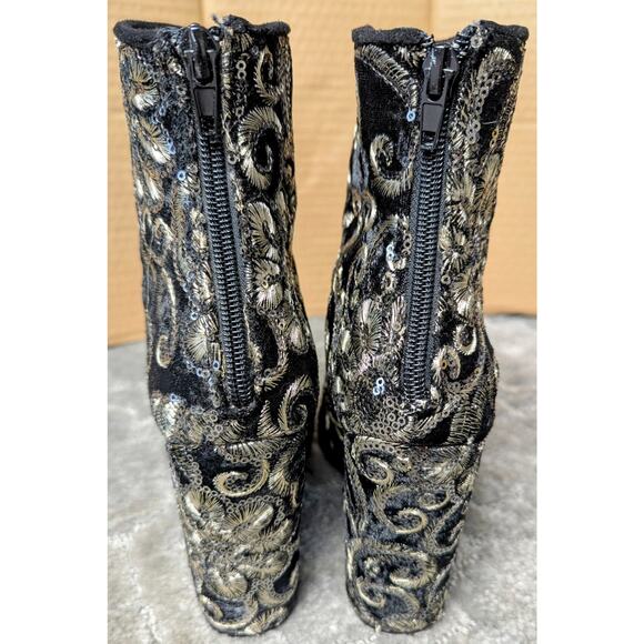 Wild Diva High Heel Ankle Boots Booties WOMENS 7.5 black gold embroidery sequins - Picture 3 of 8